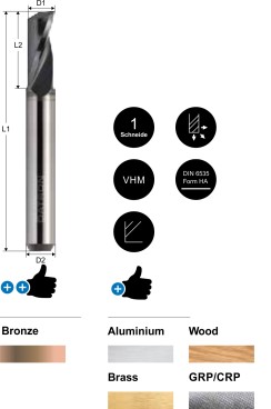 1-skärig fräs med beläggning - coating (ALCRONA) som passar mycket bra för bearbetning i Brons. Kan också användas till Aluminium, Trä, Plast, Mässing och GRP/CRP